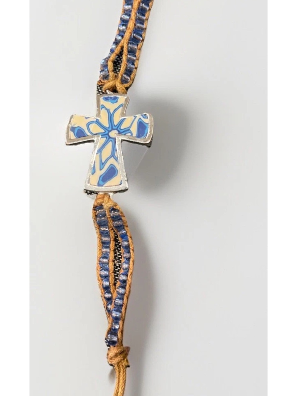 Enamel Cross Cord Bracelet in Blue and Cream